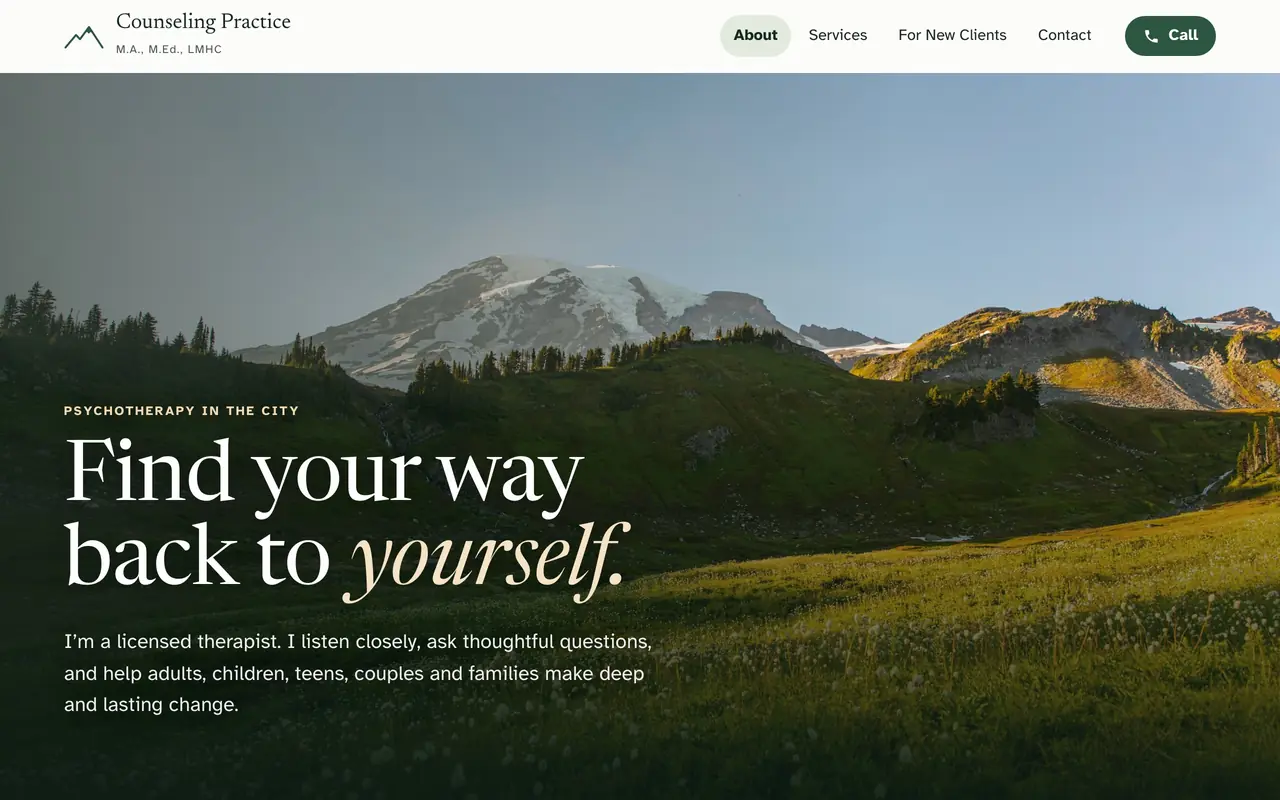 After: the new homepage, with a wide mountain meadow photo, the headline “Find your way back to yourself” and a Call button in the header.