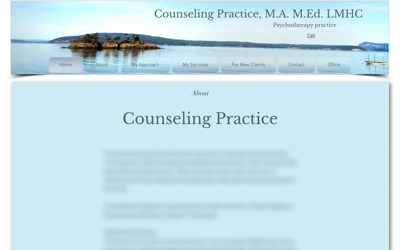 Before: the old Wix site, a pale blue template with a lake banner and a row of seven menu tabs.