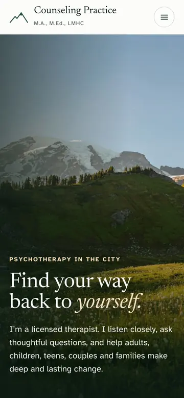 The new counseling site on a phone, with the call button in reach at the top.
