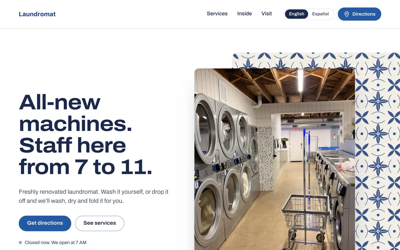 Laundromat homepage with the headline “All-new machines. Staff here from 7 to 11.”, a Get directions button and an English and Español switch.